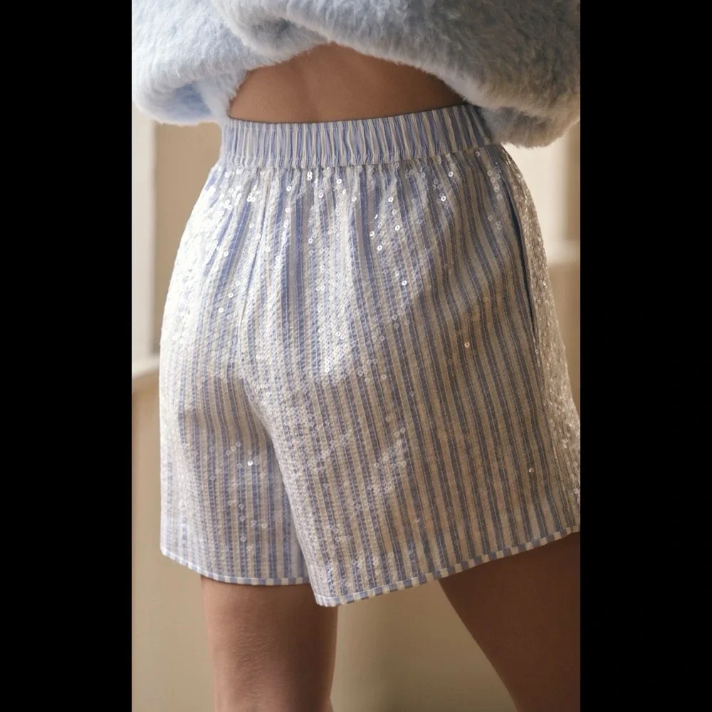 NEW Anthropologie The Wren Boxer Shorts: Sequin Edition - Light Blue Small - Picture 3 of 8